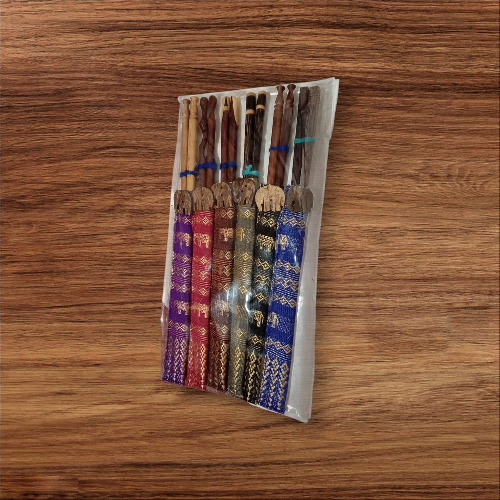 Wooden Chopsticks Set & Colorful Fabric Covers W/ Decorative Wooden Elephants